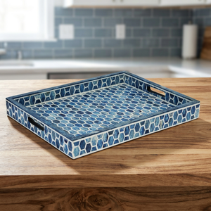 Plateau rectangulaire décoratif en bois bleu luxueux avec incrustation en os en nid d'abeille, finition lisse, fait main, pour cuisine et salle à manger - Product Image 1