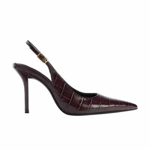 Ladies <b>Burgundy</b> Pattern PU Leather Pointed Toe Slingback Stiletto Pumps Adjustable Ankle Strap for Evening Work Events - Product Image 2