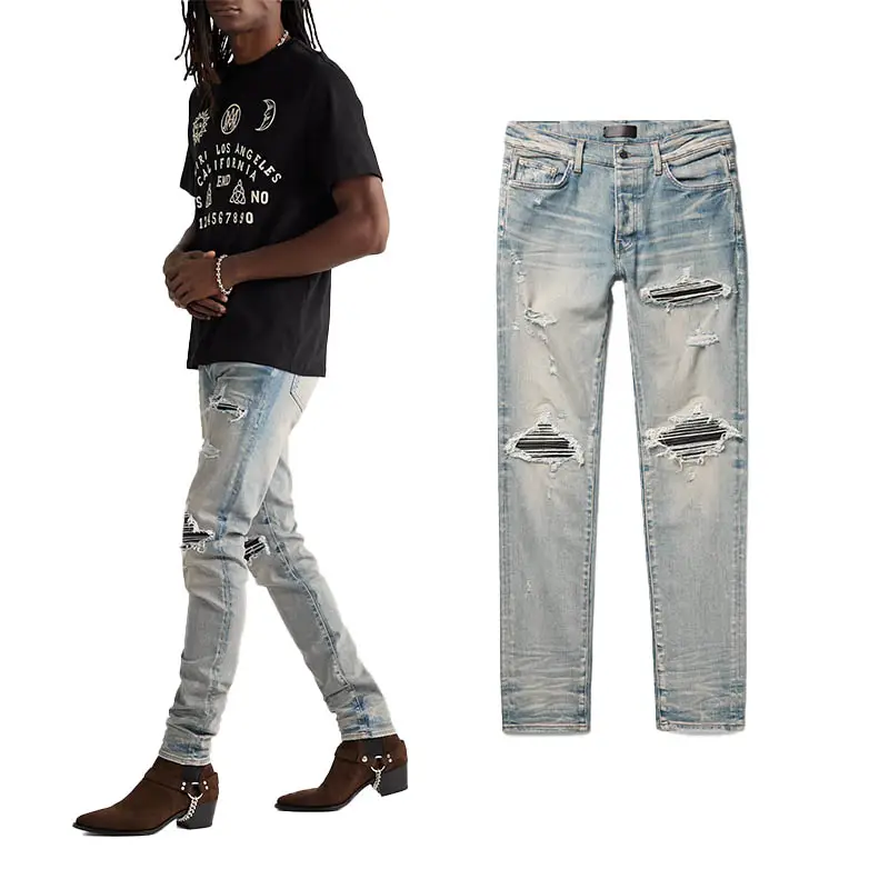 Uomini di moda personalizzati di alta qualità lavano Jeans attillati in Denim a vita media Jeans attillati strappati Casual da uomo