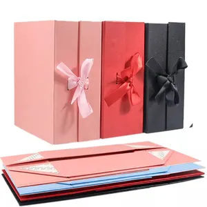 Custom Recycled Folding Paper Flat Box Custom Logo Luxury Cardboard Storage Packing Magnetic Ribbon Gift Boxes For Wedding