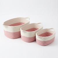 Panier de rangement ovale rose et blanc en corde de coton écologique tressé à la main avec poignées, organisateur de rangement pliable, panier de Pâques idéal