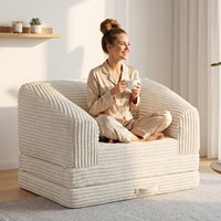 Sofá Cama Plegable 2 en 1 en Forma de L, Estilo Francés, Tapizado en Corduroy Gris, Respaldo Grueso, Asa de Transporte
