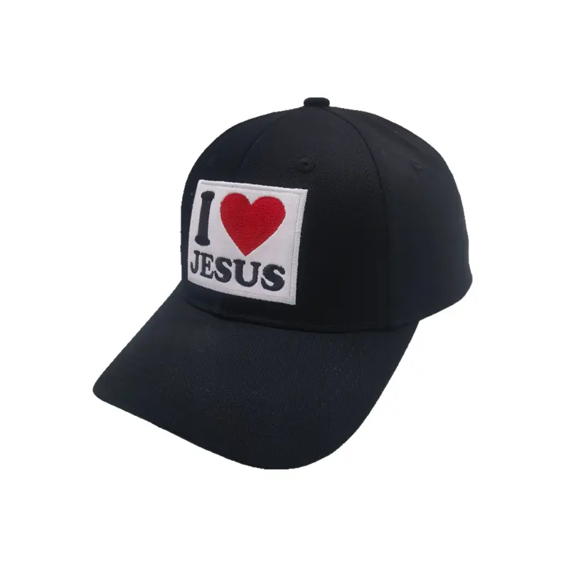 Gorra de béisbol cristiana con diseño privado personalizado con logotipo Jesús te amo, parche tejido negro bordado, religión, venta al por mayor