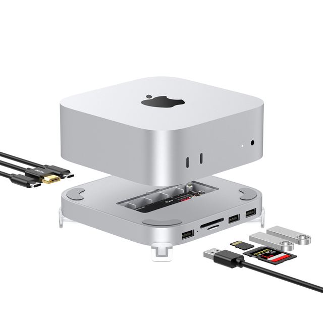 Aluminum Alloy Mac Mini M4 Stand Dock USB C Hub M.2 NVMe SSD Enclosure Docking Station 10Gbps USB3.2 USB2.0 SD4.0 TF4.0 HDMI