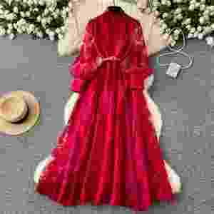 Vestido Midi Casual Entallado de Primavera 2025 para Mujer con Manga Linterna, Bordado y Malla, Rojo - Product Image 1