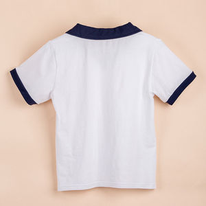 เสื้อยืดแขนสั้นชุดนักเรียนโรงเรียนประถมศึกษาหลงโข่วตะวันตกเขตเทียนเหอ กว่างโจว สีขาว คอปกสีน้ำเงินกรมท่า สำหรับเด็ก ชุดนักเรียนฤดูร้อน - Product Image 3