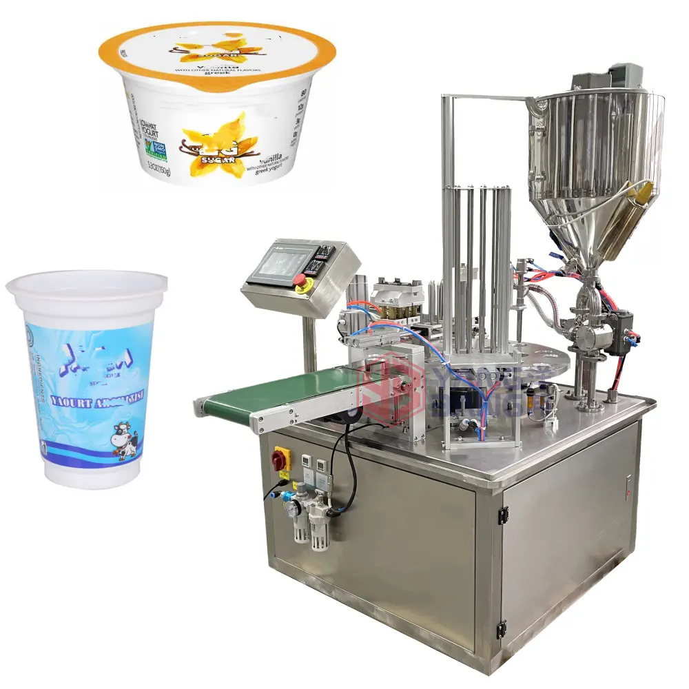 Machine rotative automatique de remplissage et de scellage de tasses de crème glacée/gelée/yaourt/eau en plastique à 2 têtes