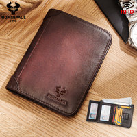 Dompet Kulit Asli Pria Anti-RFID Ultra Tipis dengan Jendela Kartu Identitas dan Lapisan Poliester untuk Perjalanan