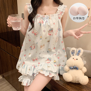 夏季新款吊带背心短裤带胸垫女式睡衣甜美可爱女孩两件套家居套装外装 - Product Image 2