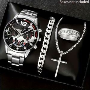 Men's Watch Roman Scale Quartz Watch Cross Necklace Bracelet <b>Ring</b> Business Gift Set - Product Image 3