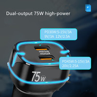 Chargeur de voiture double PD mini 75W rapide pour appareils de type C, compatible avec les écouteurs, les appareils photo et les montres intelligentes