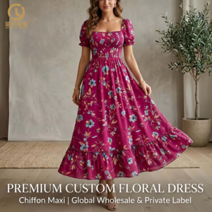 <span class=keywords><strong>Robe</strong></span> longue décontractée pour <span class=keywords><strong>femme</strong></span>, style français, à manches courtes, en mousseline de soie, imprimé floral, coupe ample, élégante, pour l'été, vente en gros sur mesure - Product Image 1