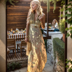 Women's V-Neck Chiffon Dress Gold And Light Green Empire Waist Spaghetti Slip Sheer Layer Club Dress - Product Image 1