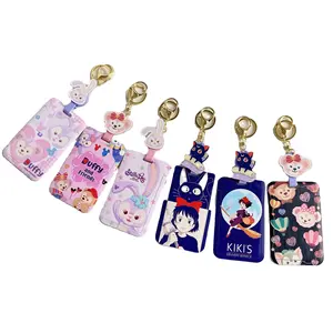 Card Case Cute Cartoon Duffy Bear Card Holder Identity Badge with Scalable Easy Pull Buckle Bus ID Holders Cover With Key Chain