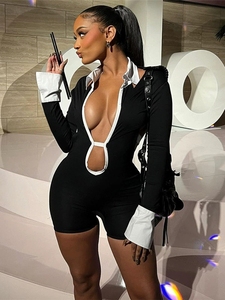 10164 Nouvelle Combinaison élégante et sexy à revers, dos nu, contrastante et ajustée - Product Image 3