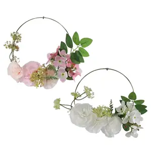 High Quality Artificial Flowers Wreath Silk Carnation Faux Hydrangea Flower Metal Floral Hoop Artificial Flower Wreath