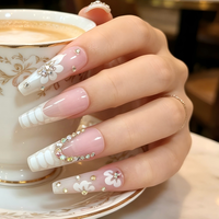 Lot de faux ongles personnalisés en gros, motif floral rose avec strass, réutilisables, logo personnalisé, longs, forme cercueil, à presser