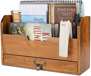Organizador de escritorio de madera de 3 niveles, compartimentos rústicos de campo, bandeja de archivos de ranura, soporte para estante clasificador de lápices, suministros, juego de accesorios