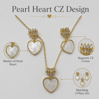 Klassisches Set aus Perlmutt-Herzanhänger mit Zirkonia und Tropfenohrringen |   2-teiliger Kupferschmuck