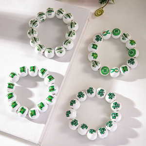 St. Patrick's Day White Wooden <b>Bead</b> <b>Bracelet</b> Green Hat Shamrock Design Women's Jewelry Round Shape Fashion <b>Bracelet</b> - Product Image 2