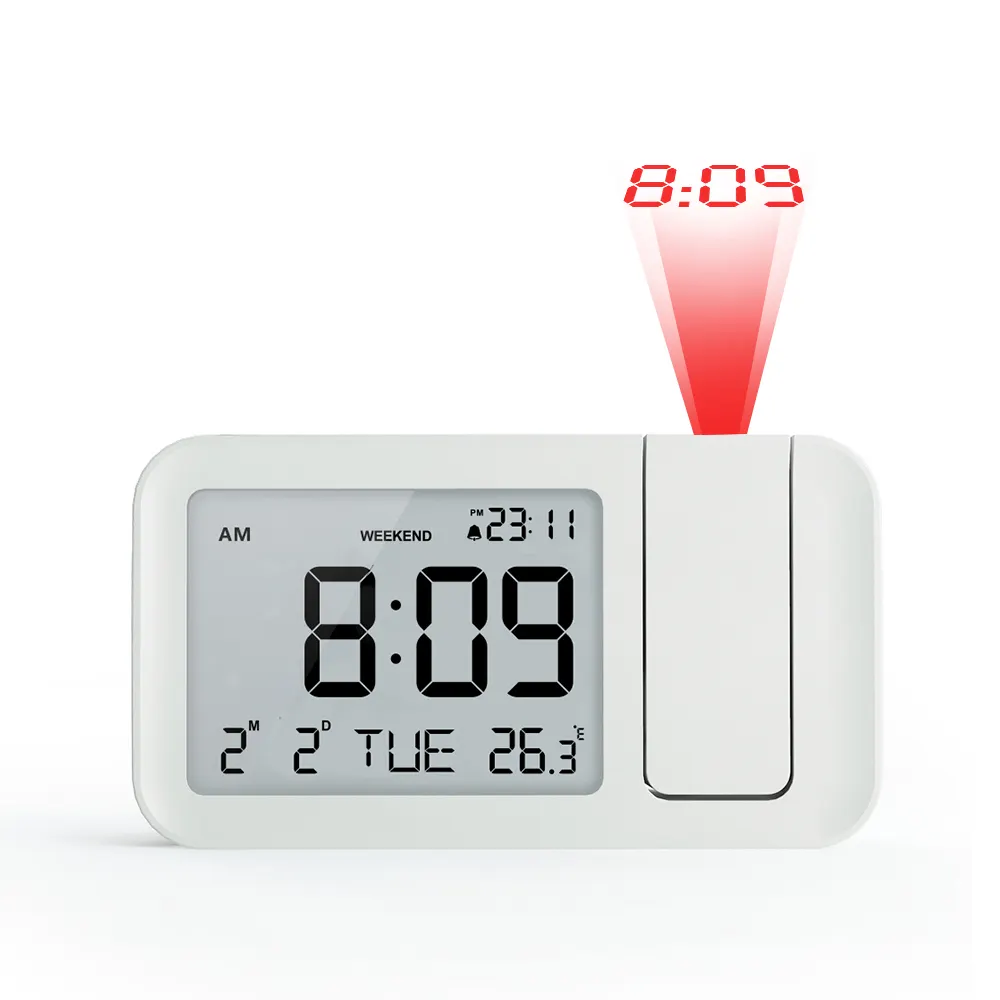 Đa chức năng đồng hồ kỹ thuật số LCD báo động với 180 độ xoay máy chiếu và chức năng báo lại chiếu đồng hồ trên Trần