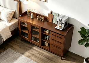Meuble de salon moderne en bois massif avec portes vitrées, 3 tiroirs, design mid-century, meuble de rangement pour la maison - Product Image 3