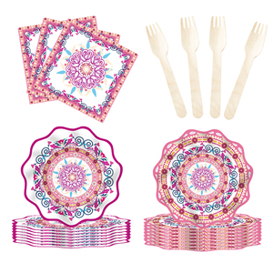 DAMAI Chinese Style Happy Birthday Theme Party Kits PinkWave Shape Disposable Party <b>Paper</b> Plates Cups Napkin Tableware Set - Product Image 3