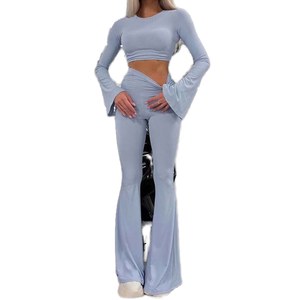 Women 2 Piece <b>Knitted</b> <b>Set</b> Long Sleeve Crop Top High Waist Flare Pants Solid Light Blue Casual Spring Summer Outfit - Product Image 3