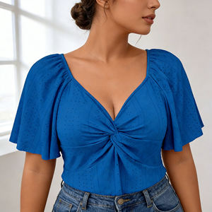 Blusa Peplum Azul Real de Elegancia Moderna 2026 de SWEET BABE, Personalizable, para Mujer, Manga Corta, Cuello en V, Tela con Ojales, Parte Delantera Fruncida - Product Image 1