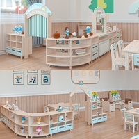 Ensemble d'angle de mobilier de maternelle en bois de frêne avec armoire, table de formation, chaise et cloison