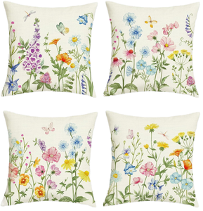 4 Pcs <b>Square</b> Linen Eco-friendly Spring Flower <b>Pillow</b> Covers Colorful Flower Butterfly Design for Home Terrace Decoration - Product Image 1