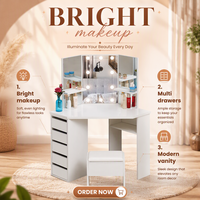 Table de toilette en mélamine avec miroir d'angle, tiroir et éclairage LED