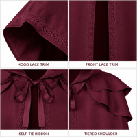 Mittelalterlicher Kapuzenumhang mit Spitze für Damen, Burgunderrot, Viktorianisches Gotisches Halloween-Kostüm, Exquisite Spitzenstickerei, Mehrschichtig