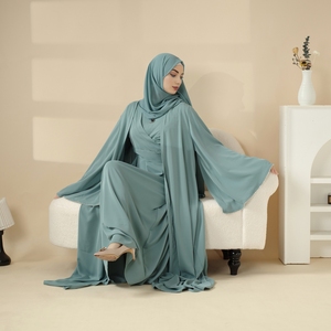 عباءة نسائية إسلامية محتشمة مستقيمة، طقم من ثلاث قطع، رداء صلاة إسلامي مفتوح من الأمام، كارديجان طويل منسدل على شكل كيمونو - Product Image 2