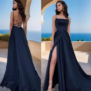 S0093A nouveau Style Satin longue longueur au sol fente taille-bretelles cintrage bal adulte cérémonies anniversaires soirée robe de soirée - Product Image 5