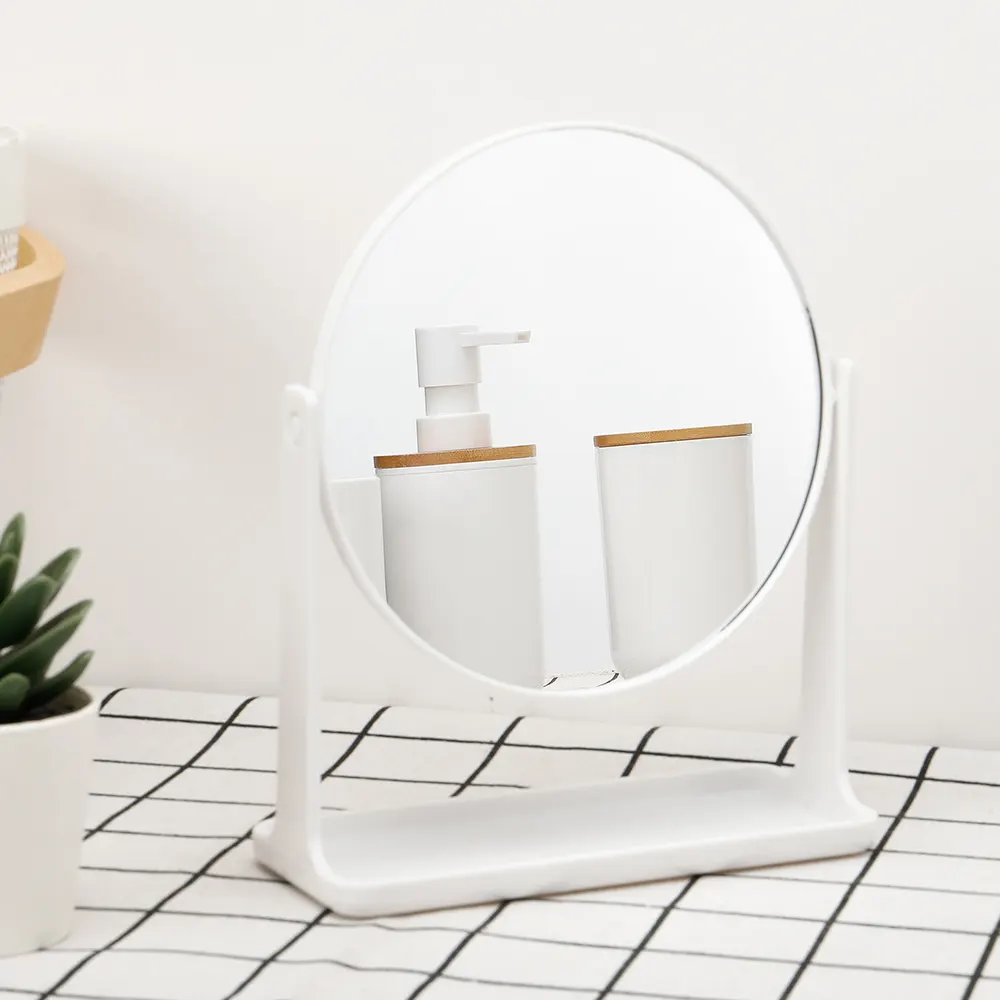 Low MOQ Bathroom Round Table Mirror Desktop Standing Plastic Make Up Mirror