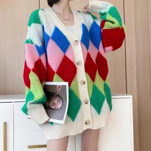 GX89025 nueva ropa <span class=keywords><strong>de</strong></span> calle Otoño Invierno chaqueta <span class=keywords><strong>de</strong></span> <span class=keywords><strong>mujer</strong></span> <span class=keywords><strong>de</strong></span> gran tamaño abrigo rombo Color bloqueo manga larga único elegante suéter <span class=keywords><strong>de</strong></span> punto - Product Image 5