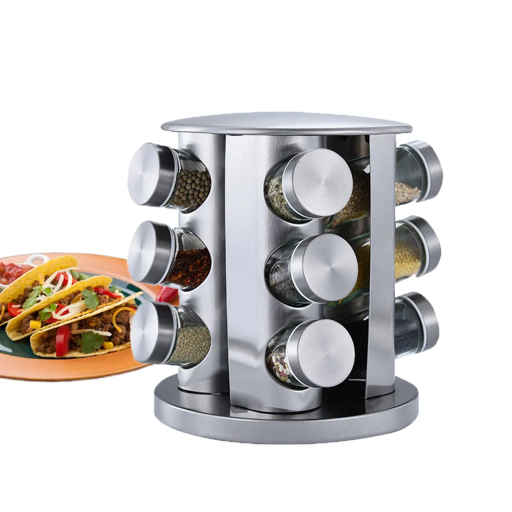 2021 hot sale kitchen round stainless steel 12 cans seasoning rotating rack spice jars set