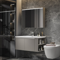 Meuble-lavabo de salle de bain de luxe à 2 portes, grande capacité, avec vasque murale ronde gris laqué et éclairage latéral