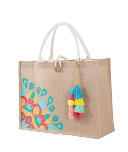 Yaz yeni manuel kullanımlık seyahat kadın çanta plaj çantaları özel Logo alışveriş jüt tote çanta toptan meslektaşım için