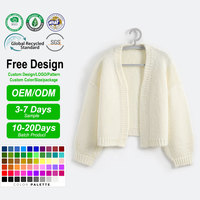 Cardigan en maille tricotée à la machine pour femme, col en V, coupe courte, devant ouvert, manches lanternes, anti-plis, épaisseur standard