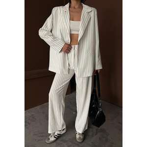 Conjunto de Traje para Mujer con Rayas Blancas, Pantalones Anchos de Tela de Lana, Blazer Holgado, Ropa de Oficina, Atuendo Formal - Product Image 2