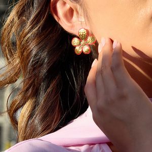 Flower Stud <b>Earrings</b> 18K Gold Plated <b>Red</b> Enamel Stainless Steel Post Gift Jewelry - Product Image 3