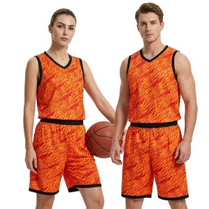 Conjunto de Uniforme de Baloncesto Unisex, Color Naranja y Rojo, Estampado, Sin Mangas, Cuello en V, Poliéster que Absorbe la Humedad, Tallas Grandes para Adultos - Product Image 1