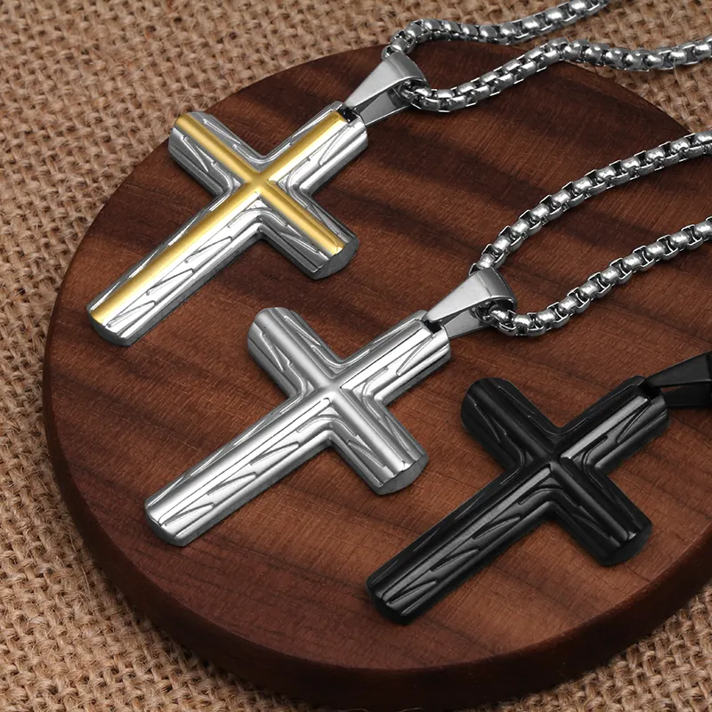 Patterned Men's Stainless Steel Cross Pendant Necklace
