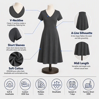 Robe Midi en Coton Col V Manches Courtes Coupe Évasée pour Femme Gris Anthracite Décontractée Raffinée Personnalisable avec Logo OEM Vente en Gros