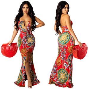 Vestido sexy sem alças com decote em v, novidade de 2022, sexy, estampado, bodycon, elegante, vestido tradicional com fenda - Product Image 3