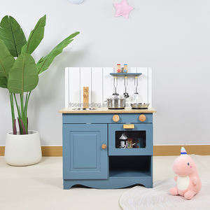Pretend Play Toy Toddler Blue Wooden Play Kitchen <b>Set</b> for Kids with Cooking Accessories, Oven, <b>Microwave</b>, Sink & Faucet - Product Image 4