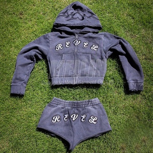 Custom Distressed Embroidery Streetwear <b>Cropped</b> Acid Wash <b>Zip</b> <b>up</b> Hoodies and Shorts Set Two Piece Tracksuit Sweatsuit Set Women - Product Image 1