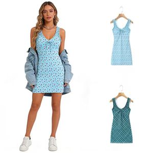 เดรสสั้นแฟชั่นลำลองสีฟ้าพิมพ์ลายผลไม้ผูกเชือกด้านหน้าสำหรับผู้หญิง ขายดี - Product Image 1